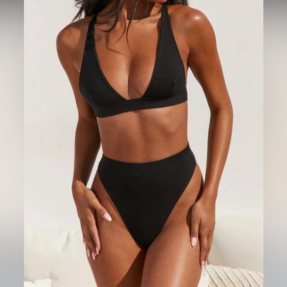 ~High Waisted Thong Bikini Set Triangle Top Deep V Neck Two Piece Swimsuit~ - Picture 5 of 10